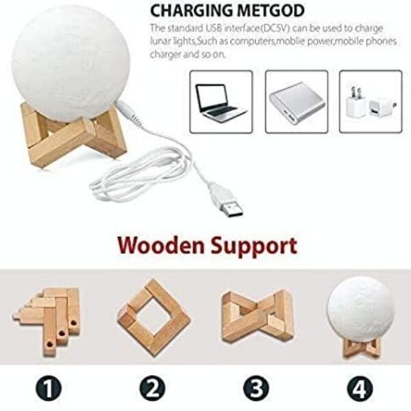 Desidiya 3D 7 Color Changing Moon Night Rechargeable Lamp with Stand Night lamp for Bedroom Lights for Adults and Kids Home Room Beautiful Indoor Lighting - 15CM - Image 4
